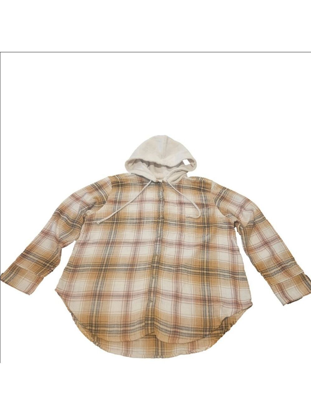 Women's American Eagle Oversized Hooded Plaid Flannel Shirt L Beige Brown - Picture 3 of 11